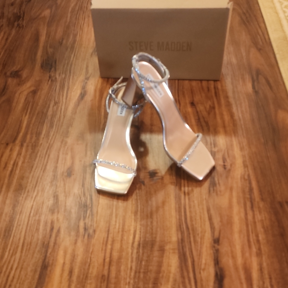 Steve Madden Metallic Silver Rhinestone Ankle Strap Heels